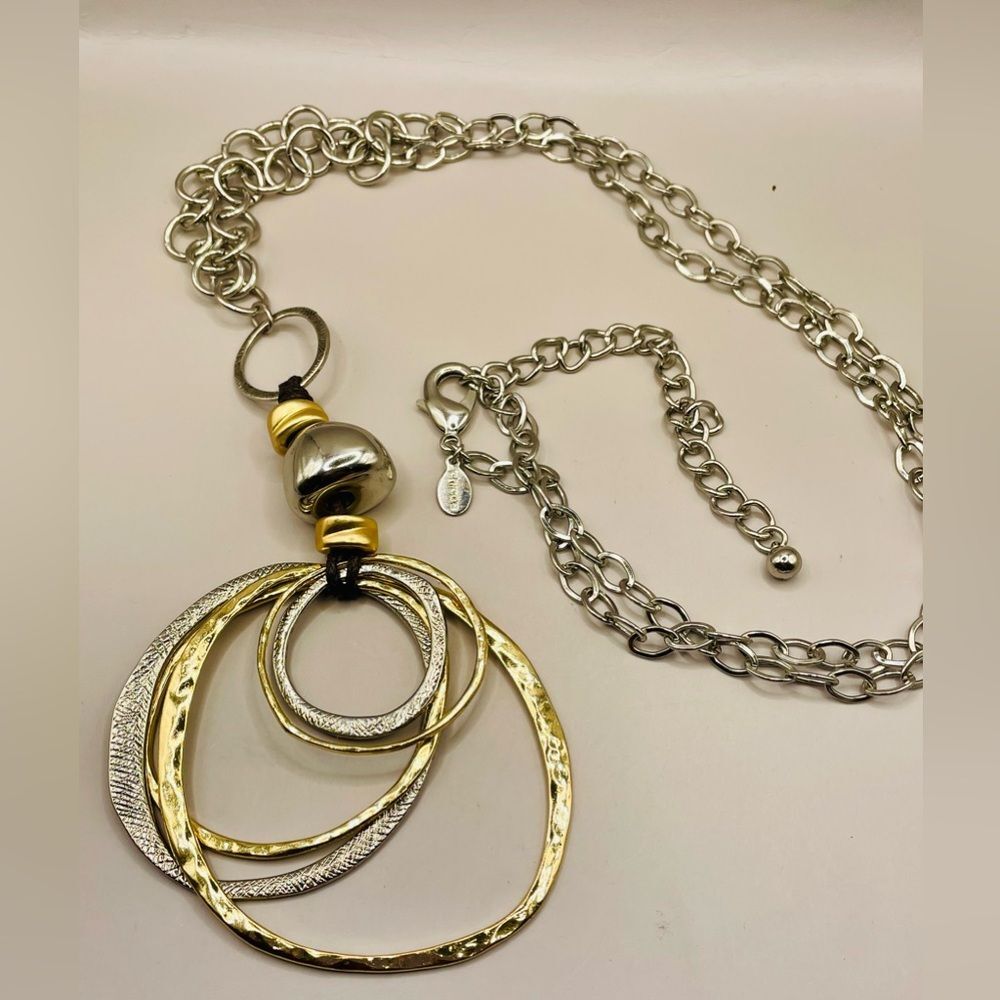 Chico's Silver and Gold Tone Interlocking Circle Rings Necklace. 32 inches long